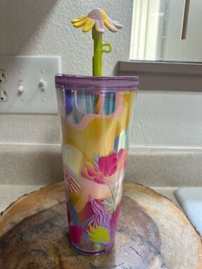 Starbucks Iridescent Floral Tumbler with Purple Lid and Flower Straw Topper